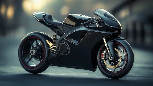 Black sport motorcycle on urban street at dusk.