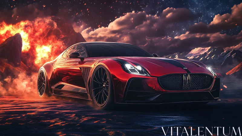 Red sports car speeding through fiery volcanic landscape.
