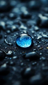 Gentle blue water droplet glows softly on a dark surface