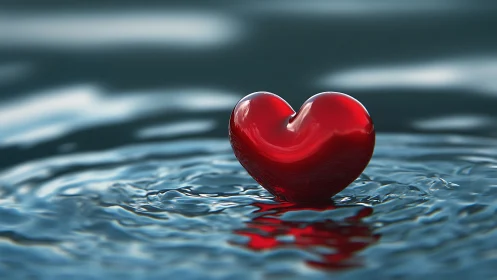Red Heart Floating in Water Ripples.