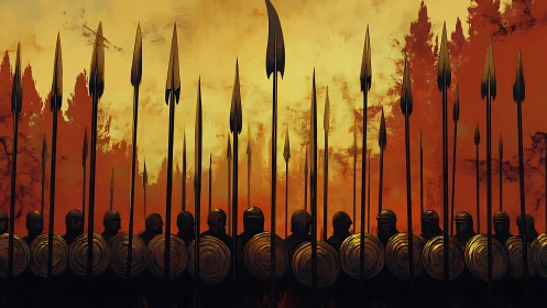 Armored spear wall stands united beneath a burning sky