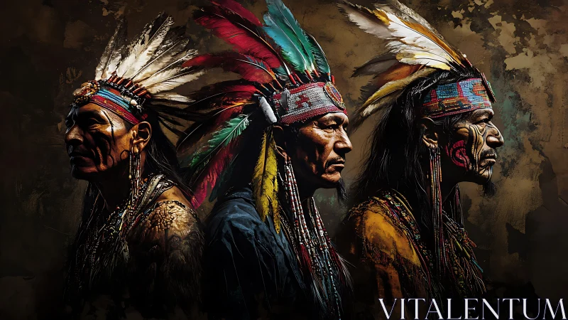 Three Indigenous elders in feathered headdresses, side profiles.