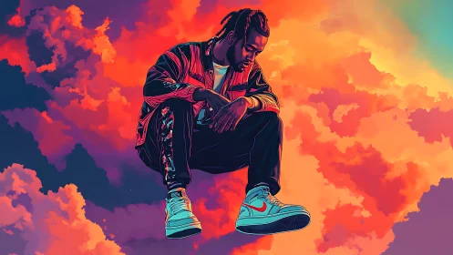 Solitary male figure suspended over vivid cloudscape scene.