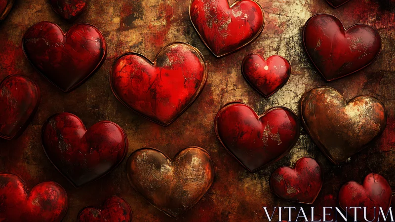 Crimson Hearts on Distressed Gold Surface.