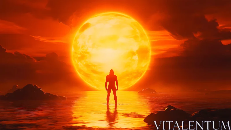 Silhouette figure facing giant sun over reflective water.