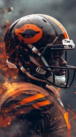 Explosive side-profile of armored football player in stormy blaze.