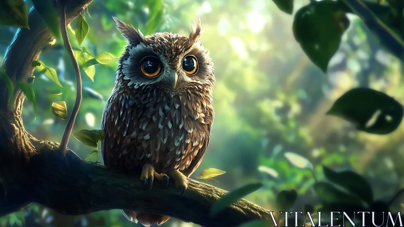 Adorable wide-eyed owl perched on a branch in dreamy forest art.
