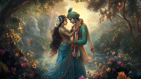 Two figures in ornate period dress embrace within elaborately illuminated garden setting