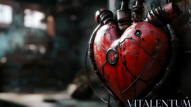 Rust‑scarred cybernetic heart with exposed wiring pulses.