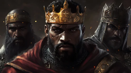 Triptych of armored kings under ember-lit atmospheric tension.