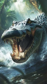 Crocodile lunges from jungle river with jaws wide open.