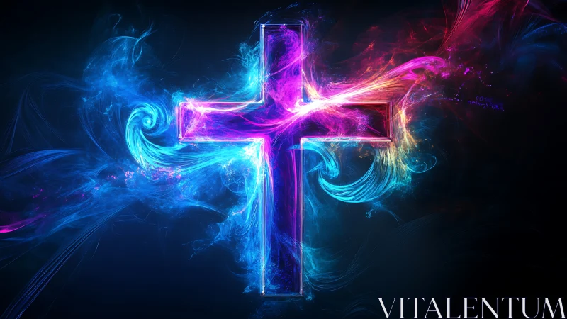 Luminous chromatic cross with turbulent plasma-like energy fields.