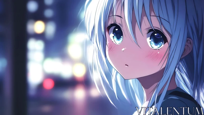 City lights cradle a silver-haired anime girl in quiet wonder.