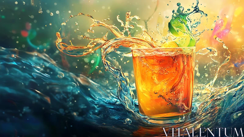 Glass of amber liquid with dynamic liquid splash against blue-green gradient