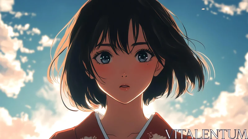 Sunlit anime girl portrait under glowing evening sky.