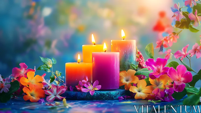 Glowing Candles Surrounded by Vibrant Blooms.