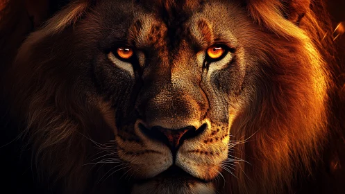 Fiery eyed lion portrait under dramatic golden rim light.