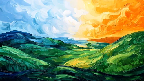 Vivid abstract hills under divided sky at sunrise.