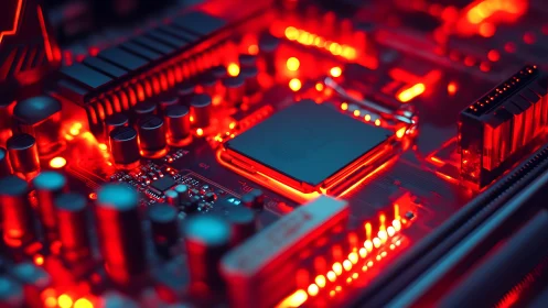 CPU close-up under red cybernetic glow on motherboard.