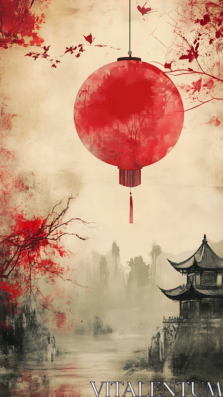 Red lantern over misted pagoda in painterly vertical vista.