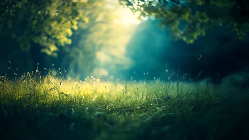 Sunlit meadow glows under soft morning forest haze