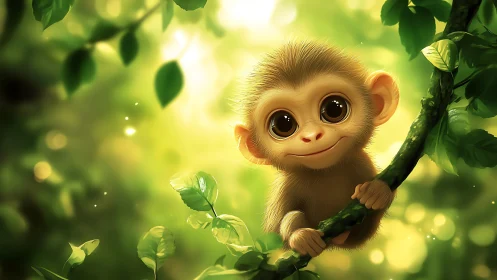 Large-eyed stylized baby monkey rendered with soft bokeh jungle lighting