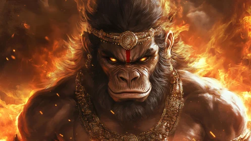 Divine warrior ape amid blazing inferno, golden armor.