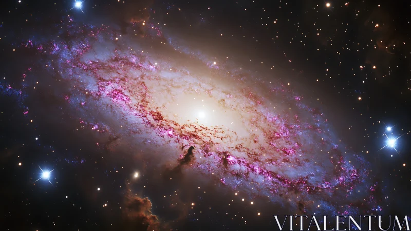 Spiral galaxy core glows amid pink starforming clouds.
