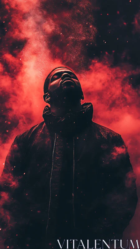 Backlit silhouette in crimson particulate atmospheric bloom.