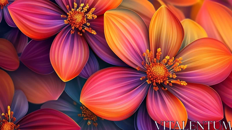 Digital Rendering of Cosmos Flowers with Radiant Stamen and Gradient Petal Transitions