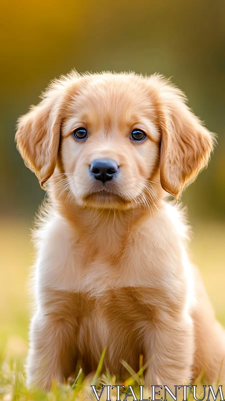 Golden retriever puppy gazes softly in warm sunset field.
