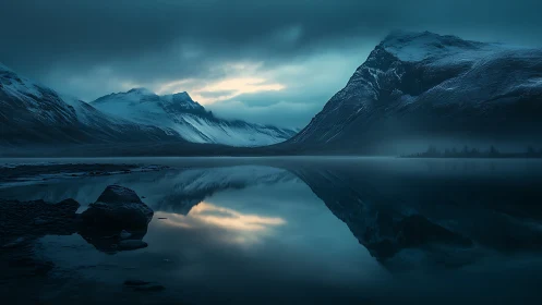 Snowbound mountains reflect over still arctic lake at dusk