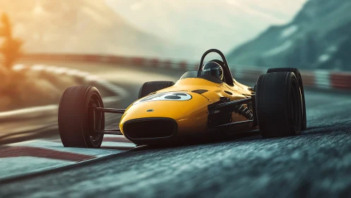 Vintage single seat race car on mountain road circuit.