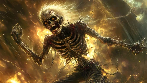 Flaming skeletal wraith erupts from molten inferno sky.