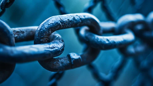 Close-up of worn metal chain links in cool blue light.