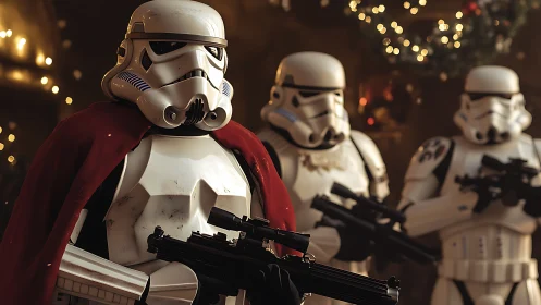 Stormtrooper figures in festive interior environment.