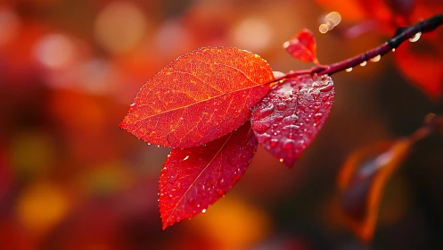 Crimson autumn leaves with dewdrops in shallow bokeh glow.