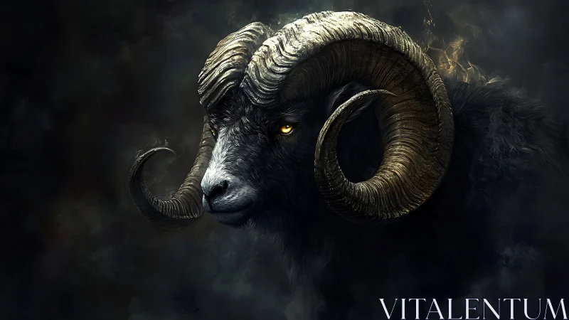 Horned black ram portrait in moody low key digital painting