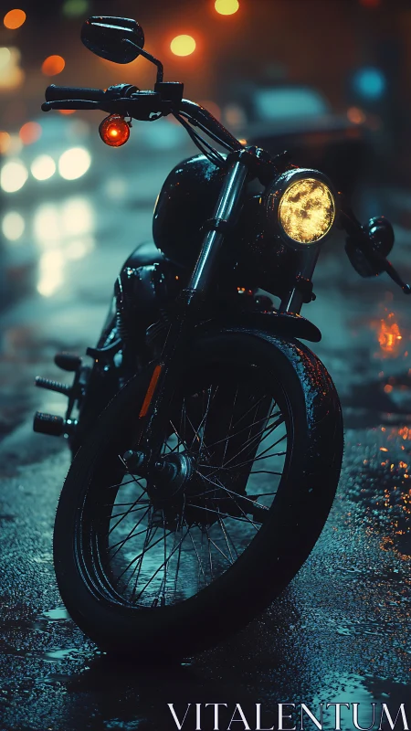 Cinematic night motorcycle study with wet urban bokeh lighting.
