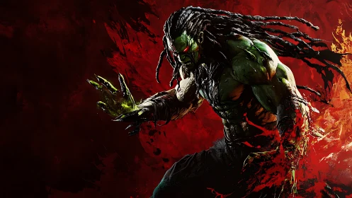 Green muscular creature lunges forward against red backdrop