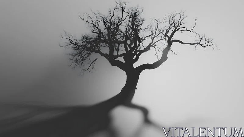 Solitary leafless tree casting elongated shadow.