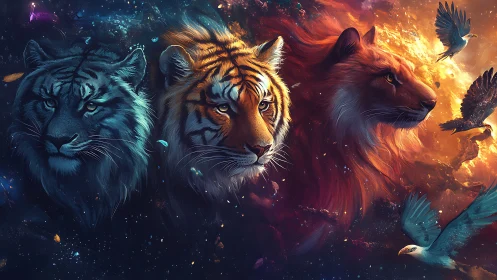 Three Majestic Big Cats Against Cosmic Fire and Stars