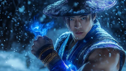 Stoic warrior in blue harnesses icy blue magic power.