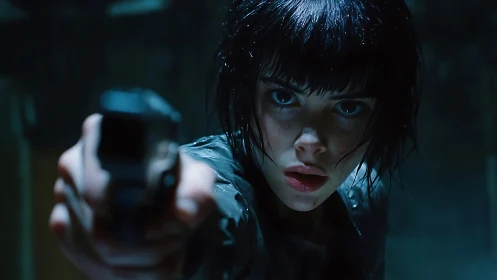 Young woman aims handgun directly toward camera viewpoint