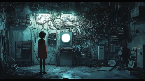 Solitary child studies overloaded cybernetic control wall in decay