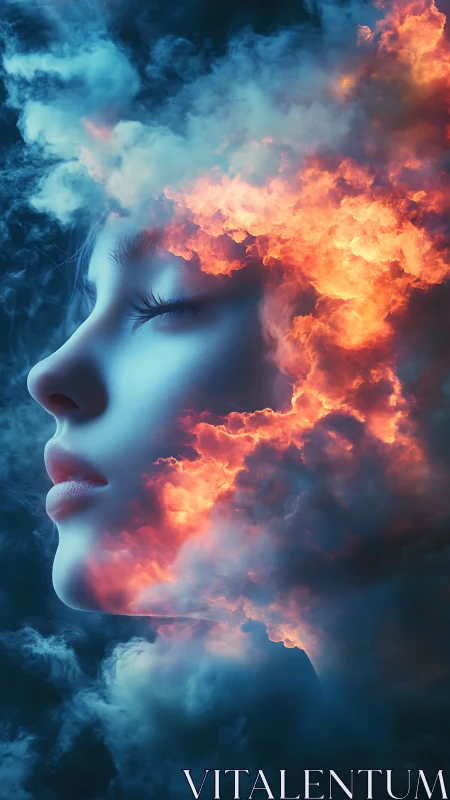 Volumetric portrait of a serene face dissolving into plasma clouds.