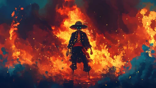 Lone Gunslinger Silhouette Against Infernal Landscape.