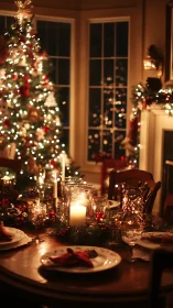 Low-light Christmas dining room with tree bokeh and candles
