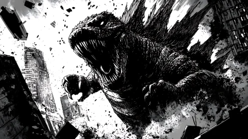 Giant reptilian creature in monochrome urban destruction scene.