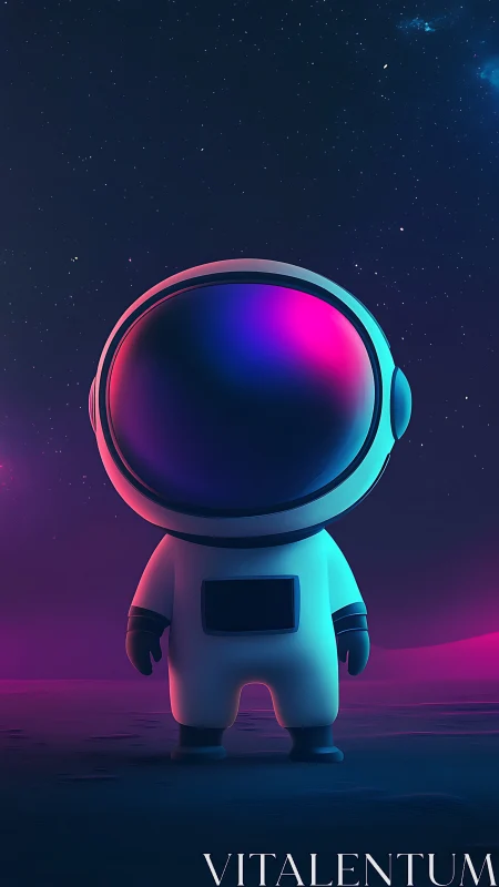 Cartoon astronaut stands on stylized planet under starry sky